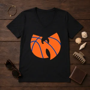 Premium Wu Tang Clan X New York Knicks Logo V Neck Shirt featuring a bold graphic on a comfortable v neck garment