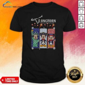 Hot Longhorn Steakhouse Mickey Mouse Patriotic USA Characters shirt optimized showing vibrant red, white, and blue design on a comfortable cotton tee