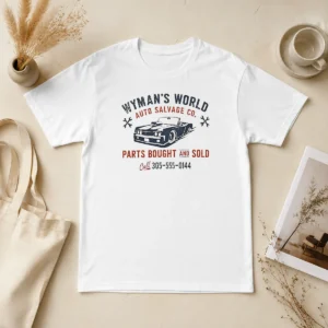 Funny Wymans World Auto Salvage Co graphic printed on a classic unisex cotton t shirt in black