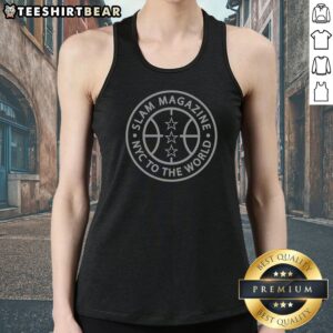 Official Slam Magazine NYC To The World Basketball Tank top featuring a bold graphic design.