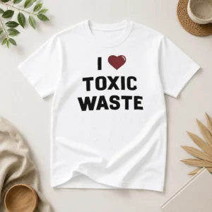 Good I Love Toxic Waste t shirt in black with bold white and green graphic design on front
