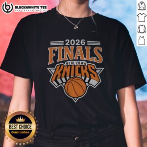 Premium 2026 Finals New York Knicks Basketball Team Ladies Shirt in white with blue and orange Knicks logo