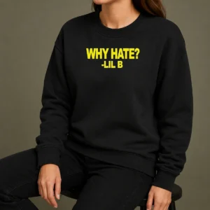 Nice Basedworld Lil B Why Hate Based God Rap Sweater in black with graphic print on front