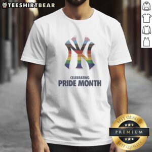 Official New York Yankees Celebrating Pride Month Rainbow Logo Premium Quality Cotton Shirt displayed in vibrant colors.