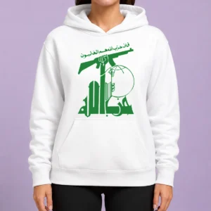 Premium Flag Of Hezbollah Hoodie in black with front graphic print and adjustable drawstring hood