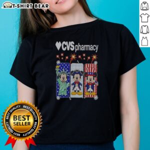 Official Heart CVS Pharmacy Mickey Mouse Statue Of Liberty USA Patriotic Ladies Shirt in navy blue with graphic print