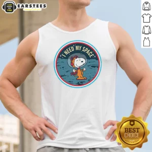Pretty Peanuts Snoopy On The Moon I Need My Space Mens Tank Top featuring Snoopy on the moon graphic on a sleeveless shirt