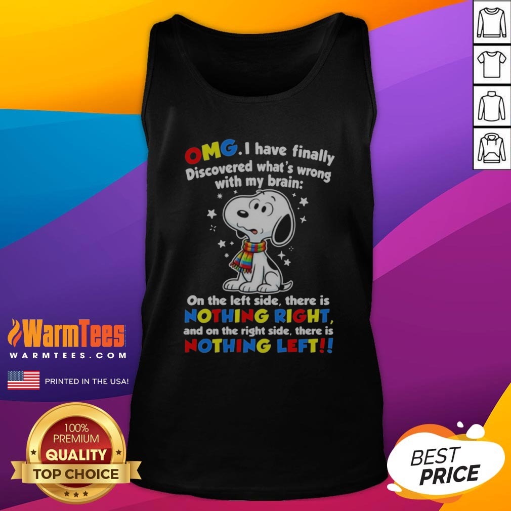 snoopy-peanuts-omg-i-have-finally-discovered-what-is-wrong-with-my-brain-tank-top Snoopy Peanuts OMG I Have Finally Discovered What Is Wrong With My Brain tank top featuring a playful graphic design.