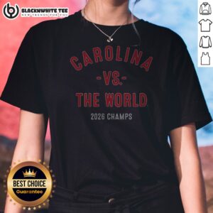Premium Carolina Hockey Vs. The World 2026 Champs Ladies Shirt in white, featuring bold championship graphic
