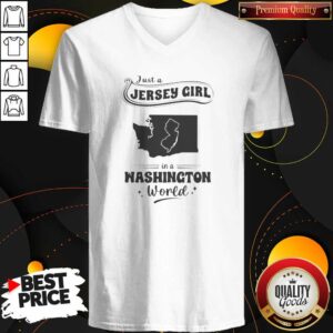Pretty Just A Jersey Girl In A Washington World Map State Outline v neck optimized women's fitted V-neck T-shirt