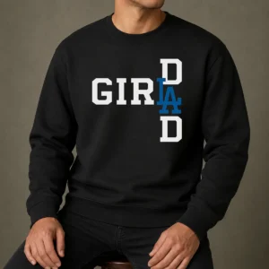 Premium Los Angeles Dodgers LA Girl Dad Sweater in navy blue with team logo and text on front
