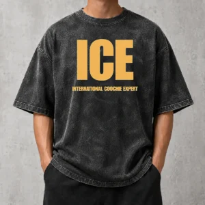 Funny ICE International Coochie Expert printed on a soft washed t shirt in light gray