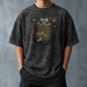 Nice UFO Meow Washed T Shirt featuring soft cotton fabric with a faded vintage look in light gray