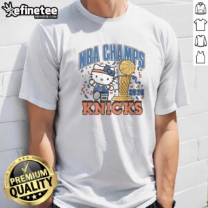 Pretty Hello Kitty X New York Knicks NBA Champs 2026 t shirt featuring a colorful graphic print on a white short sleeve tee