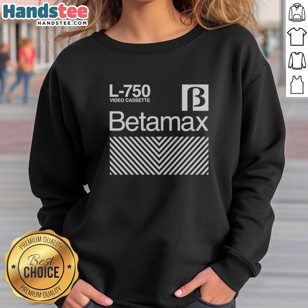 top-betamax-l-750-video-cassette-sweatshirt Top Betamax L 750 Video Cassette sweatshirt featuring a retro design and comfortable fit.