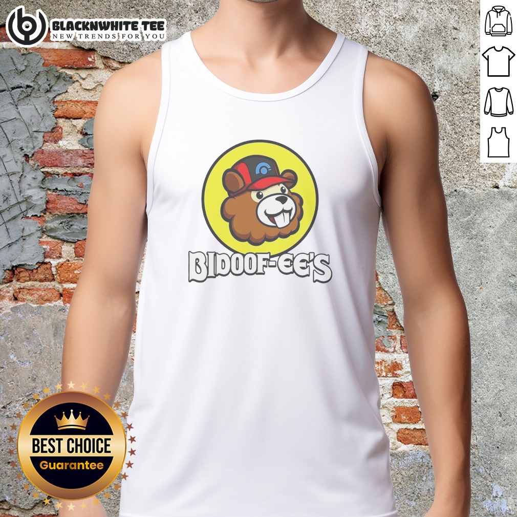 Top Bidoof Ees Bidoof Buc Ees Logo Tank Top Top Bidoof Ees Bidoof Buc Ees Logo Tank Top in white, featuring bold graphic print on front