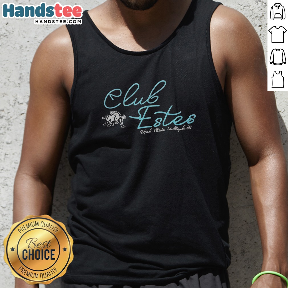 top-club-estes-utah-state-volleyball-tank-top Top Club Estes Utah State Volleyball Tank Top in white with bold team logo on front