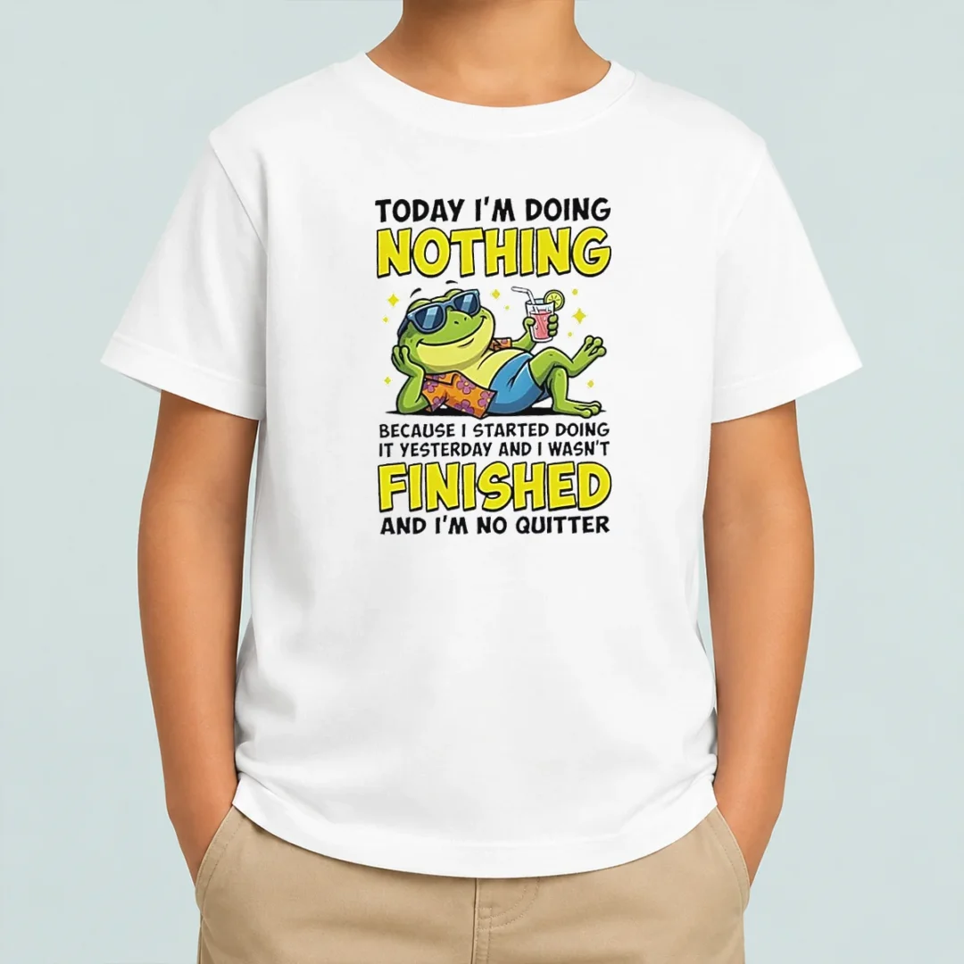 top-frog-today-i-m-doing-nothing-because-i-started-doing-it-yesterday-and-i-wasn-t-finis-kids-t-shirt Top Frog Today I'M Doing Nothing Because I Started Doing It Yesterday And I Wasn'T Finis kids t shirt in white, short sleeve cotton tee