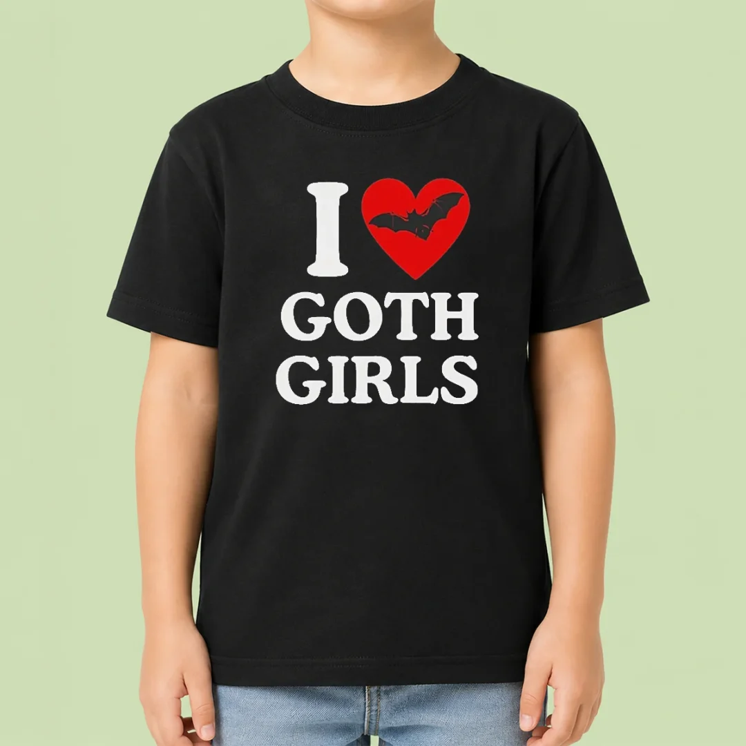 top-i-love-goth-girls-kids-t-shirt Top I Love Goth Girls kids t shirt in black with white gothic font design, displayed on a child-sized mannequin