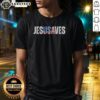 Top Jesusaves Patriotic Christian Pun Bold Text shirt in white, short-sleeve cotton tee with bold red and blue lettering