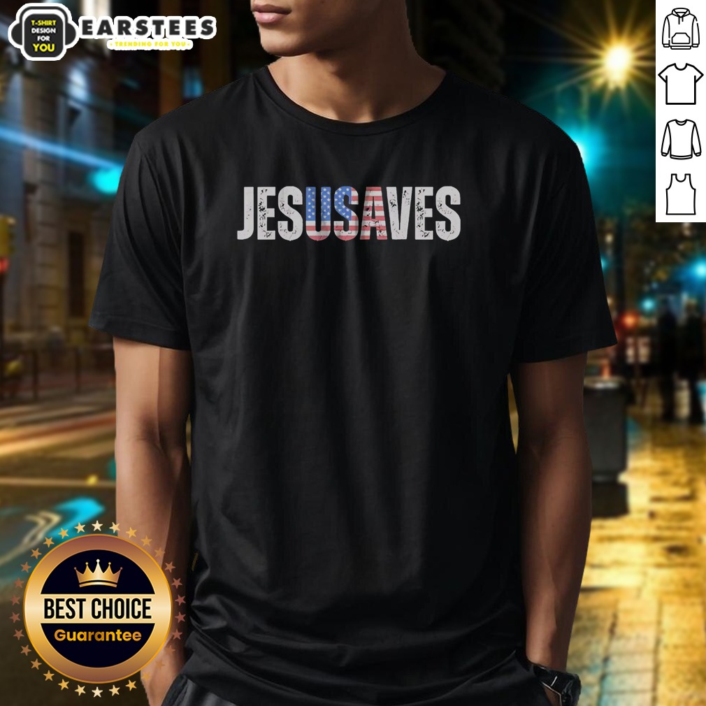 top-jesusaves-patriotic-christian-pun-bold-text-shirt Top Jesusaves Patriotic Christian Pun Bold Text shirt in white, short-sleeve cotton tee with bold red and blue lettering
