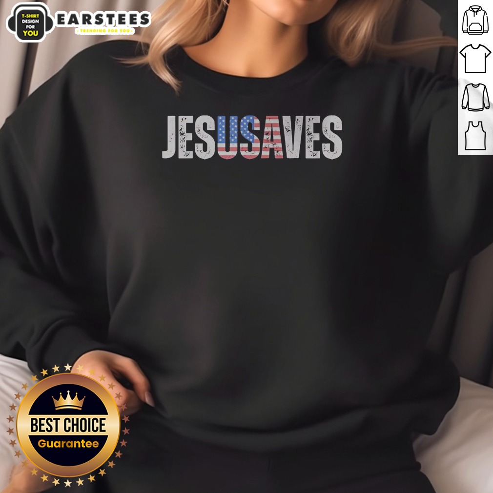 top-jesusaves-patriotic-christian-pun-bold-text-sweatshirt Top Jesusaves Patriotic Christian Pun Bold Text sweatshirt in navy blue, front view with bold white lettering