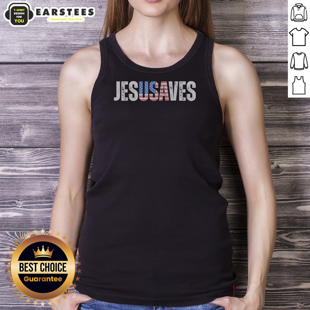 top-jesusaves-patriotic-christian-pun-bold-text-tank-top Top Jesusaves Patriotic Christian Pun Bold Text tank top featuring bold typography on a sleeveless casual garment