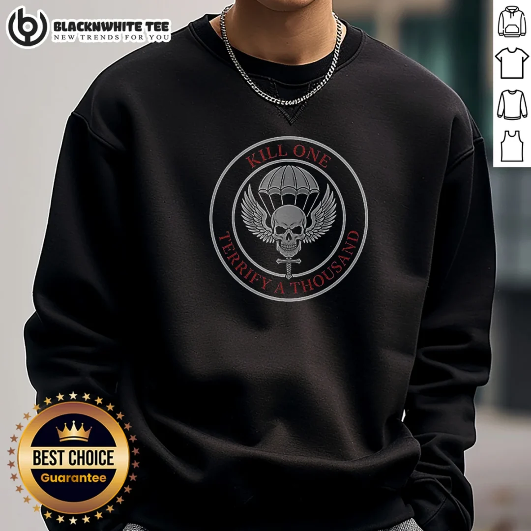 Top Kill One Terrify A Thousand Paratrooper Skull Sweashirt Top Kill One Terrify A Thousand Paratrooper Skull Sweashirt in dark gray, featuring a bold skull graphic on front