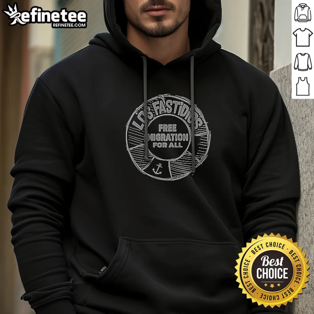 top-los-fastidios-free-migration-for-all-hoodie Top Los Fastidios Free Migration For All Hoodie in black with front graphic print, unisex pullover style