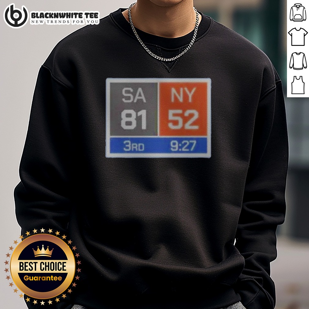top-new-york-knicks-comeback-san-antonio-spurs-81-ny-52-sweashirt Top New York Knicks Comeback San Antonio Spurs 81 NY 52 Sweashirt front view in blue with bold game score graphic
