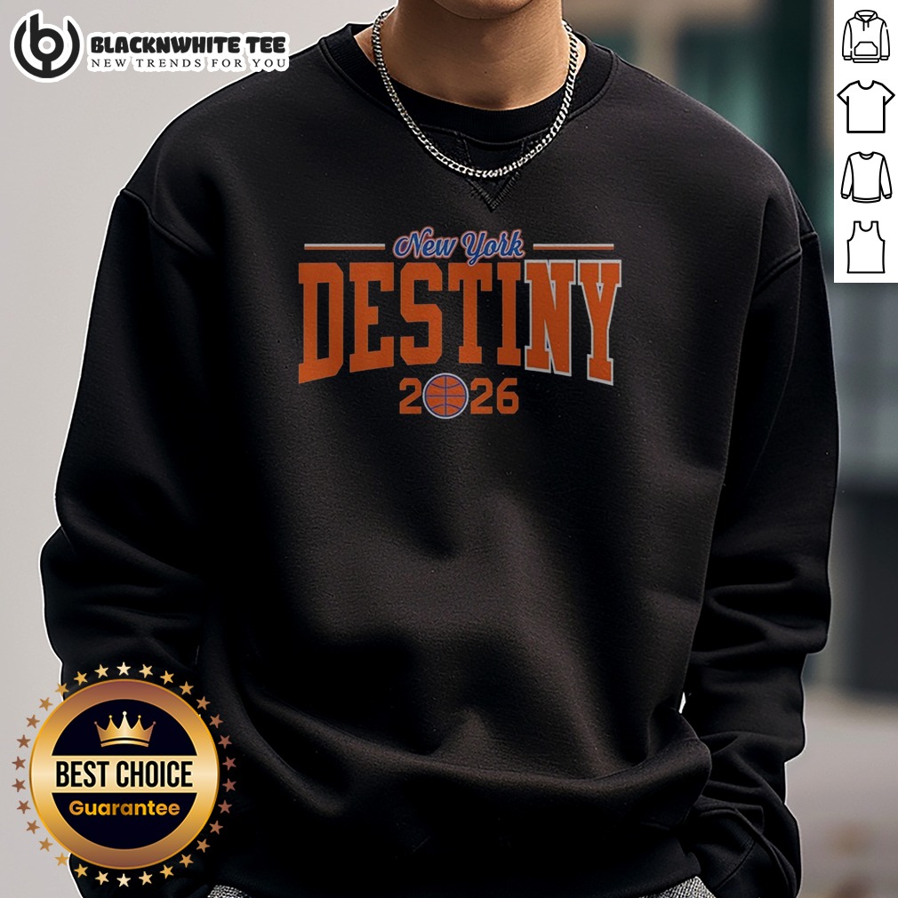 Top New York Knicks Destiny 2026 Bold Arch Championship Basketball Text Sweashirt Top New York Knicks Destiny 2026 Bold Arch Championship Basketball Text Sweashirt in navy blue with vibrant orange and white lettering