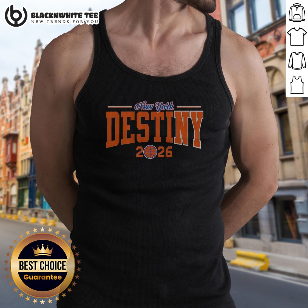 top-new-york-knicks-destiny-2026-bold-arch-championship-basketball-text-tank-top Top New York Knicks Destiny 2026 Bold Arch Championship Basketball Text Tank Top in white with bold blue and orange lettering
