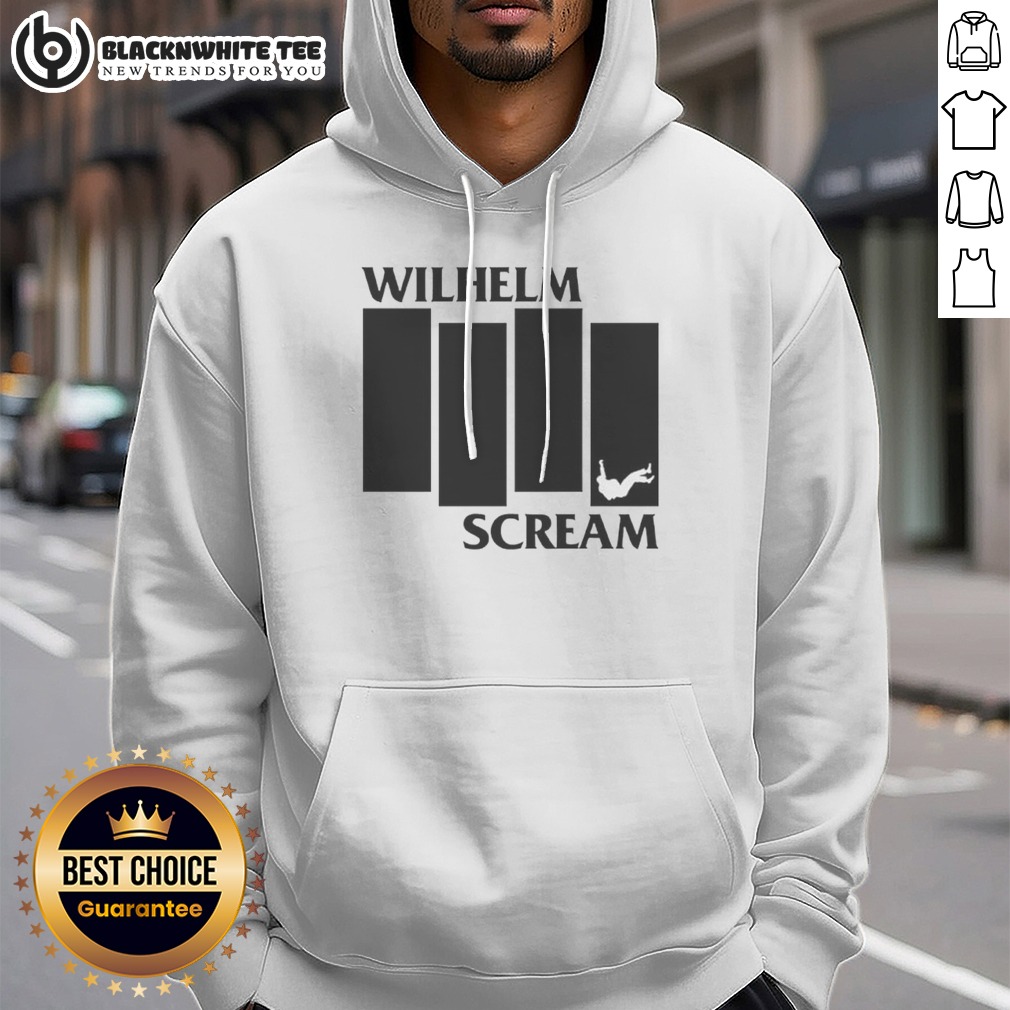 top-wilhelm-scream-black-flag-hoodie Top Wilhelm Scream Black Flag black hoodie with front graphic print and drawstring hood