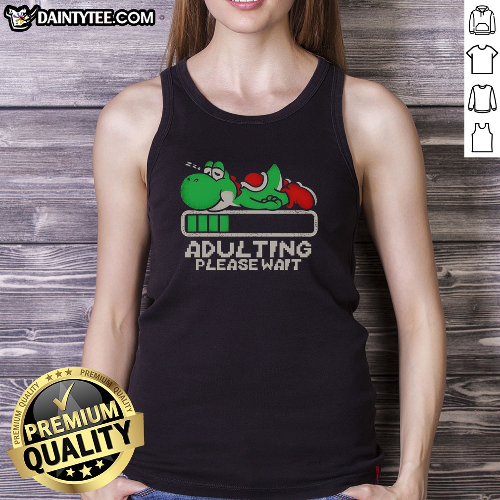top-yoshi-super-adulting-please-wait-loading-tank-top Top Yoshi Super Adulting Please Wait Loading Tank Top in black, sleeveless casual wear with fun text design