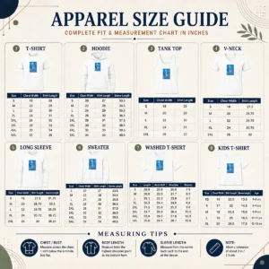 Size chart for Pretty Kitchen Dwellers June 2026 Tour with measurements in inches and centimeters