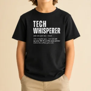 Original Tech Whisperer Definition Kids T Shirt in bright blue, short sleeve cotton tee for children