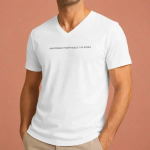 Good Unlicensed Power Rules The World V Neck Shirt in dark color showing front design and short sleeves