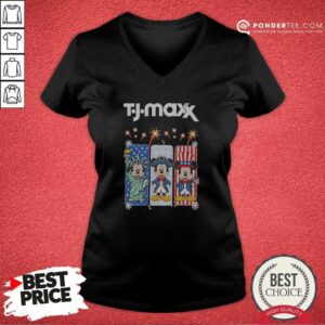 Original TJ Maxx Mickey Mouse Disney USA Patriotic Celebration v neck optimized showing patriotic graphic on a fitted V neck shirt
