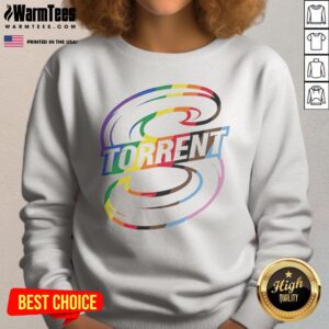 Awesome Seattle Torrent Pride Logo LGBT sweatshirt featuring vibrant colors and a bold design.