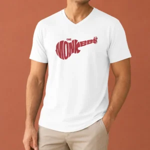 Top The Monkees Guitar Logo V Neck Shirt featuring a classic guitar graphic on a comfortable V neck garment