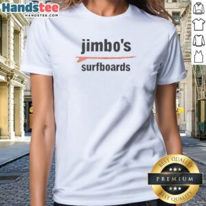 Awesome Jimbo'S Surfboards Vintage Ladies Shirt featuring classic surfboard graphic on a comfortable fitted cotton tee