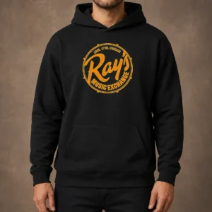Pretty 300E 47th Chicago Music Exchange Hoodie in black, featuring front pouch pocket and adjustable drawstring hood