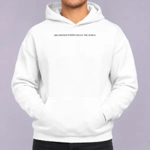 Good Unlicensed Power Rules The World Hoodie in black, featuring bold white text across the chest, cozy pullover style with front pocket