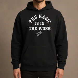 Awesome Ben Stiller Jalen Brunson The Magic Is In The Work Signature Hoodie in black with front graphic and drawstring hood