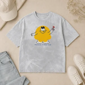 Pretty Movies By Yourself Club Yellow Blob Character Holding A Red Candy Art on a soft washed t shirt in yellow
