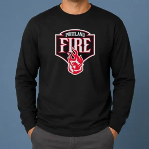 Premium Portland Fire Logo Long Sleeve Shirt in black with vibrant fire emblem on front