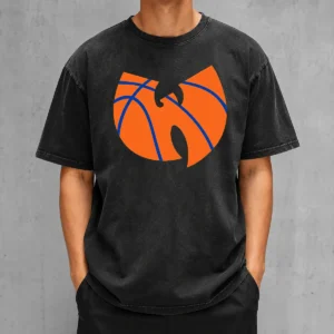 Original Wu Tang Clan X New York Knicks Logo on a washed cotton t shirt with vintage texture
