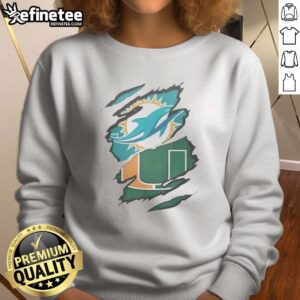 Official Miami Dolphins And Miami Hurricanes Ripped Logo Design Apparel sweatshirt featuring vibrant team logos
