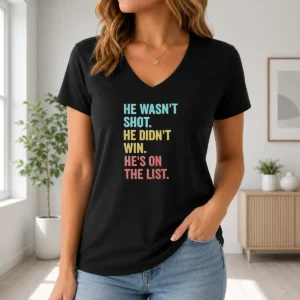 Happy Nice He Wasn'T Shot He Didn'T Win He'S On The List V Neck Shirt in black with short sleeves