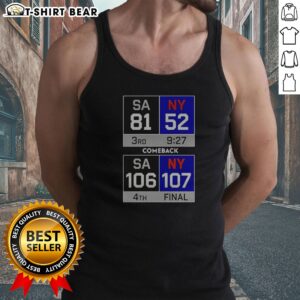 Pretty New York Knick Comeback Tank top in white with bold blue and orange lettering, sleeveless athletic fit